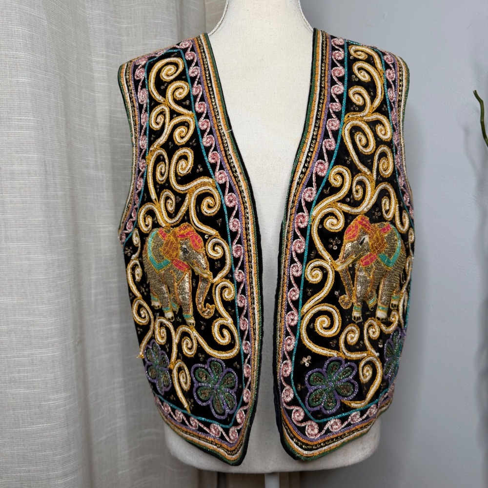 Vintage Carol Horn 3D Stuffed Elephant Vest Sequins‎ Swirl Embroidered One Size